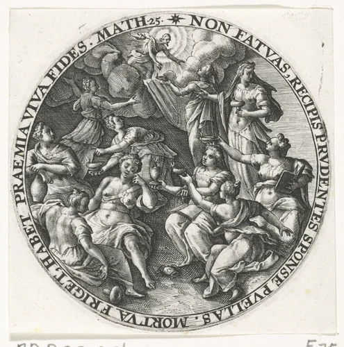 Gelijkenis van de vijf wijze en vijf dwaze maagden by Crispijn van de Passe, print, 1604