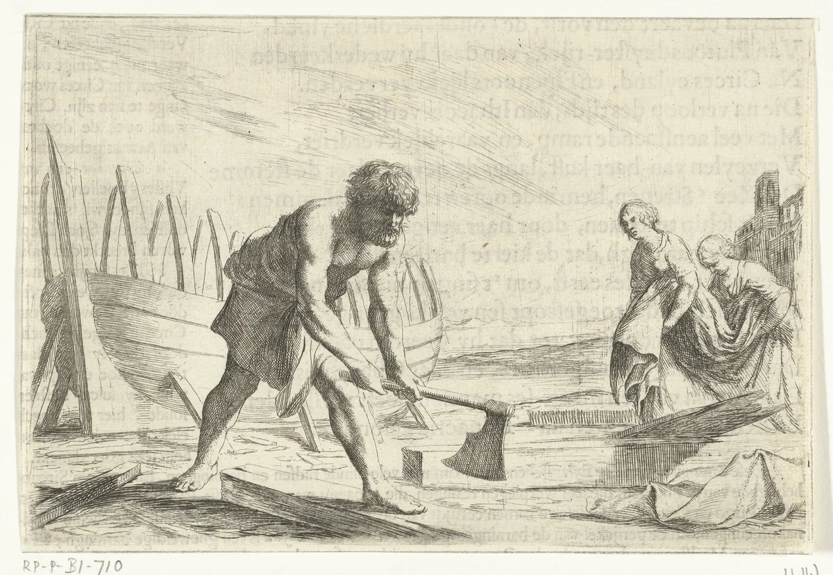 Odysseus bouwt een boot op het eiland Ogygia by Willem Basse, print, 1632-1634