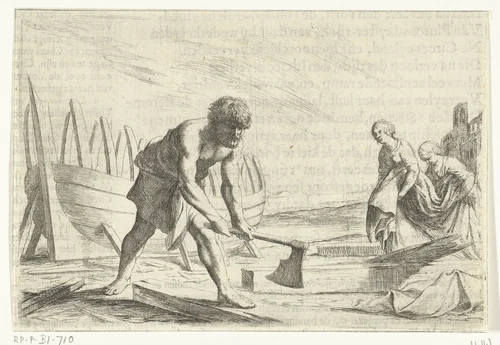 Odysseus bouwt een boot op het eiland Ogygia by Willem Basse, print, 1632-1634