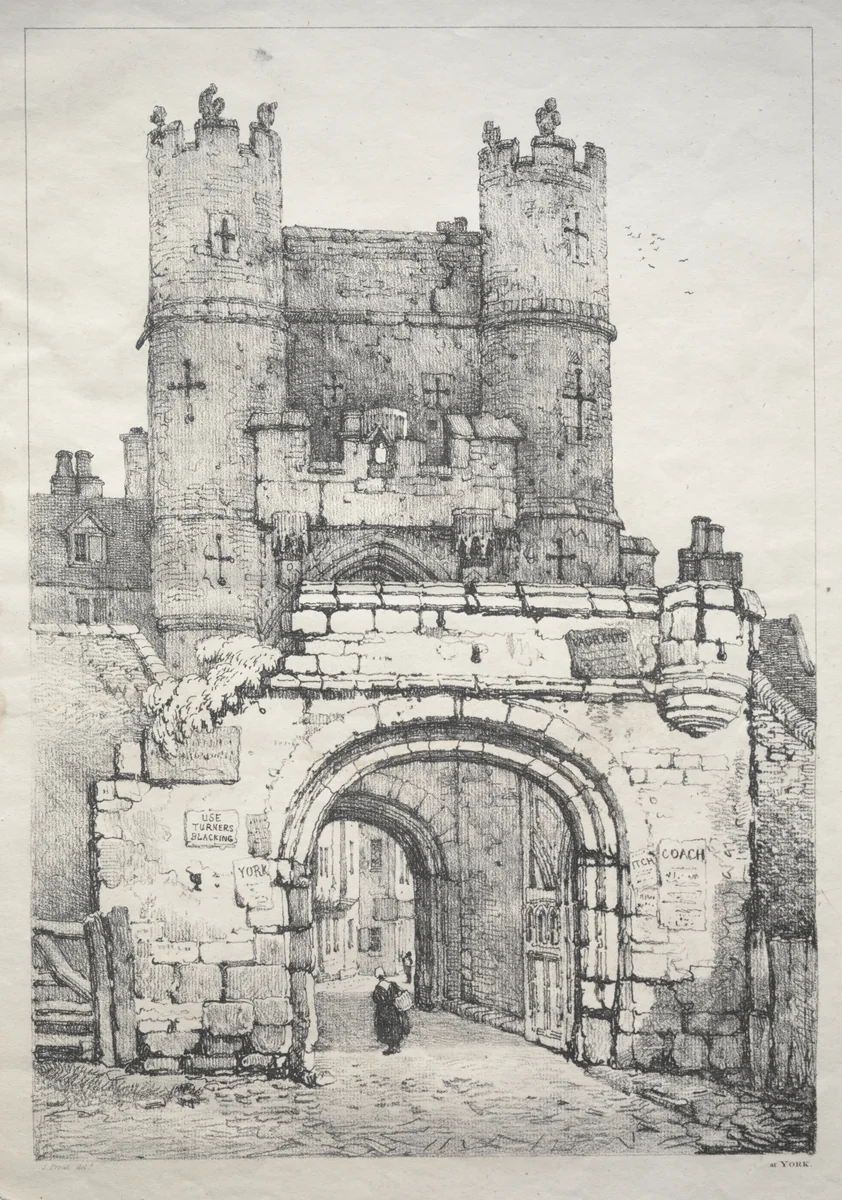 A Series of Ancient Buildings and Rural Cottages in the North of England: At York, Medieval Gate by Samuel Prout, print, 1821