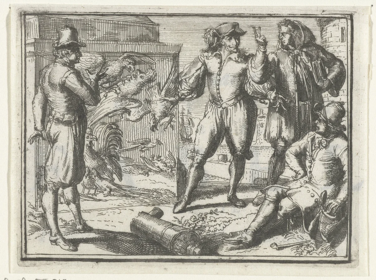 Titelblad voor het pamflet: Maatroozen Saamenspraak te Port a Port, benevens de Fabel van de Kakatoe, Kuykedief, en den Haan, 1701 by Romeyn de Hooghe, print, 1701