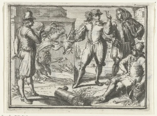 Titelblad voor het pamflet: Maatroozen Saamenspraak te Port a Port, benevens de Fabel van de Kakatoe, Kuykedief, en den Haan, 1701 by Romeyn de Hooghe, print, 1701