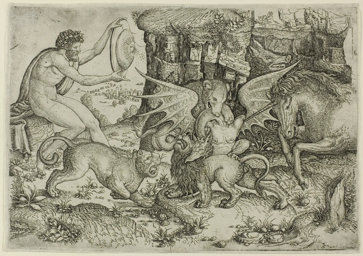 Allegory: Combat of Animals in the Presence of Man with Shield by Leonardo da Vinci, print, 1515-1520