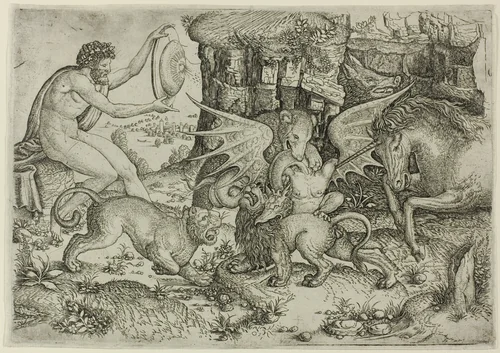 Allegory: Combat of Animals in the Presence of Man with Shield by Leonardo da Vinci, print, 1515-1520