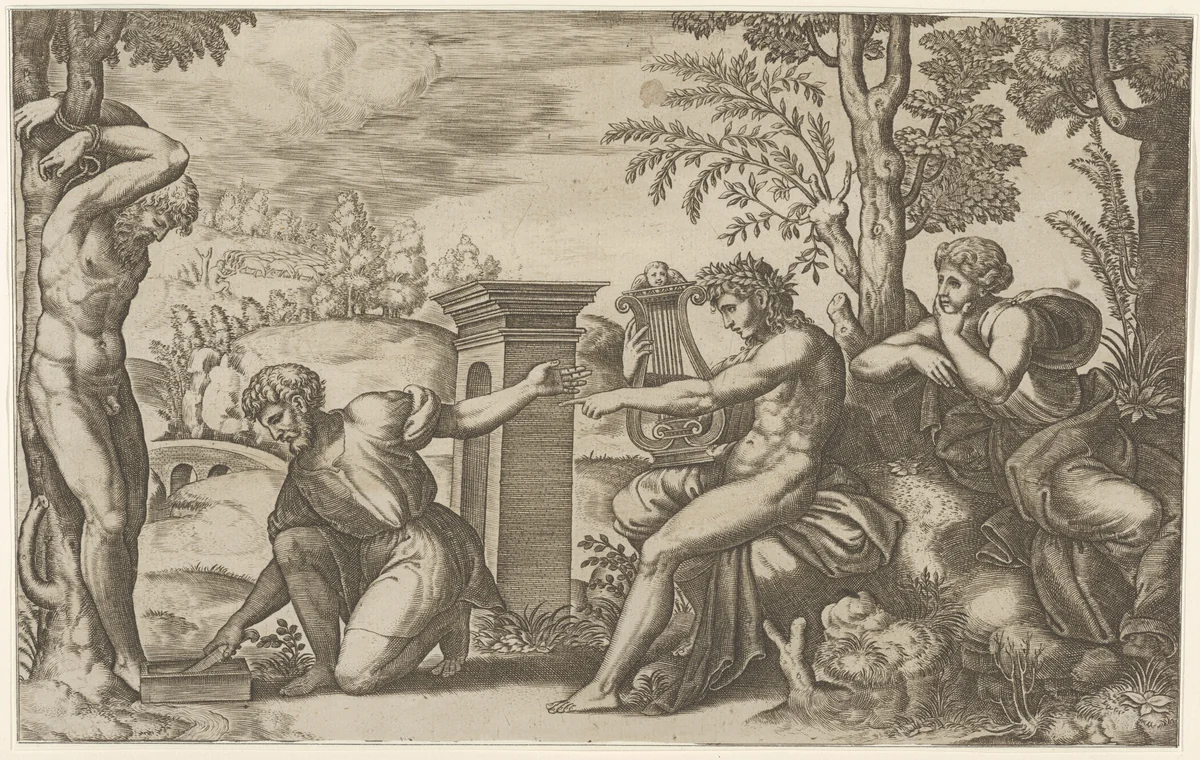 Apollo seated at the right with a lyre, pointing to a kneeling man who is about to flay Marsyas tied naked to a tree at left by Master of the Die, print, 1530-1560