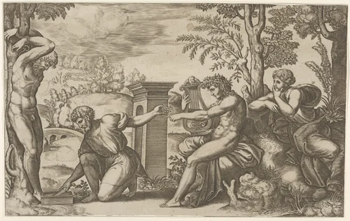 Apollo seated at the right with a lyre, pointing to a kneeling man who is about to flay Marsyas tied naked to a tree at left by Master of the Die, print, 1530-1560
