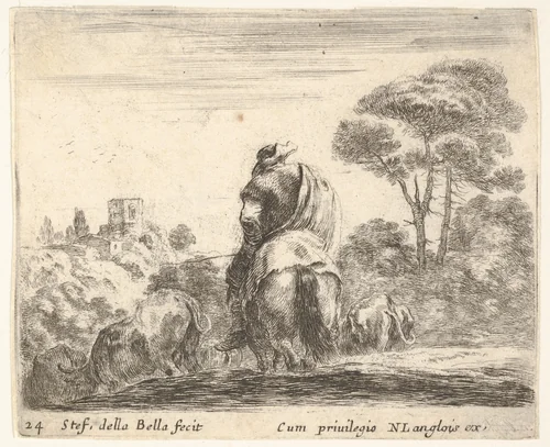 Plate 24: herdsman atop a horse, seen from behind, leads his cattle down a hill, a tower on a hill to left in the background, from "Diversi Capricci" by Stefano della Bella, print, 1644-1647
