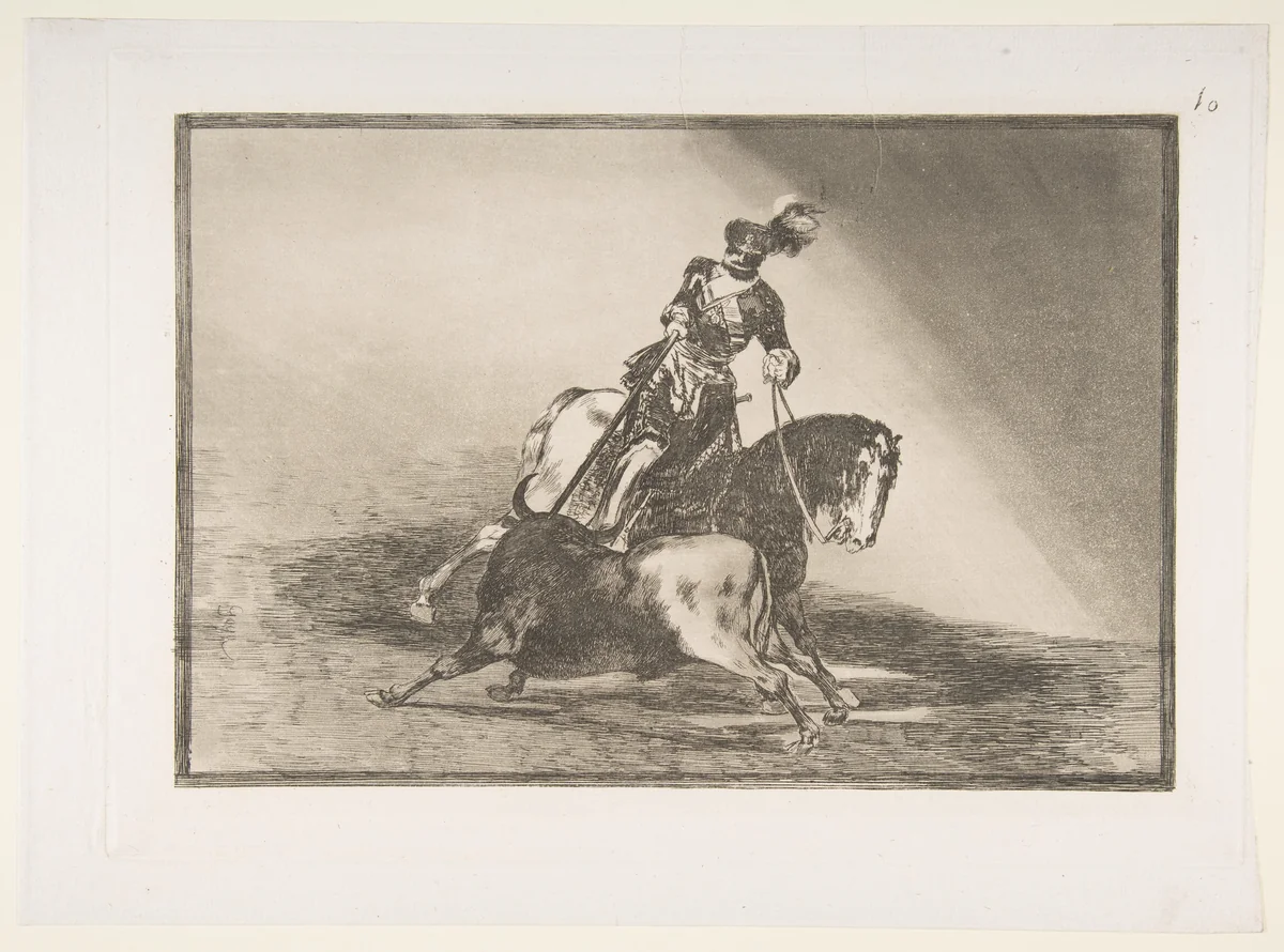 Charles V spearing a bull in the ring at Valladolid, plate 10 from "La Tauromaquia" by Goya, print, 1816