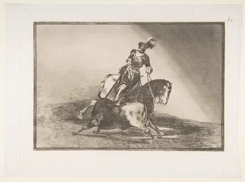 Charles V spearing a bull in the ring at Valladolid, plate 10 from "La Tauromaquia" by Goya, print, 1816