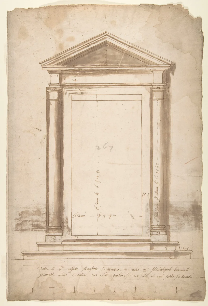Sant'Apollonia, portal, elevation (recto) Sant'Apollonia, portal, plan (verso) by anonymous, drawing, 1500-1560