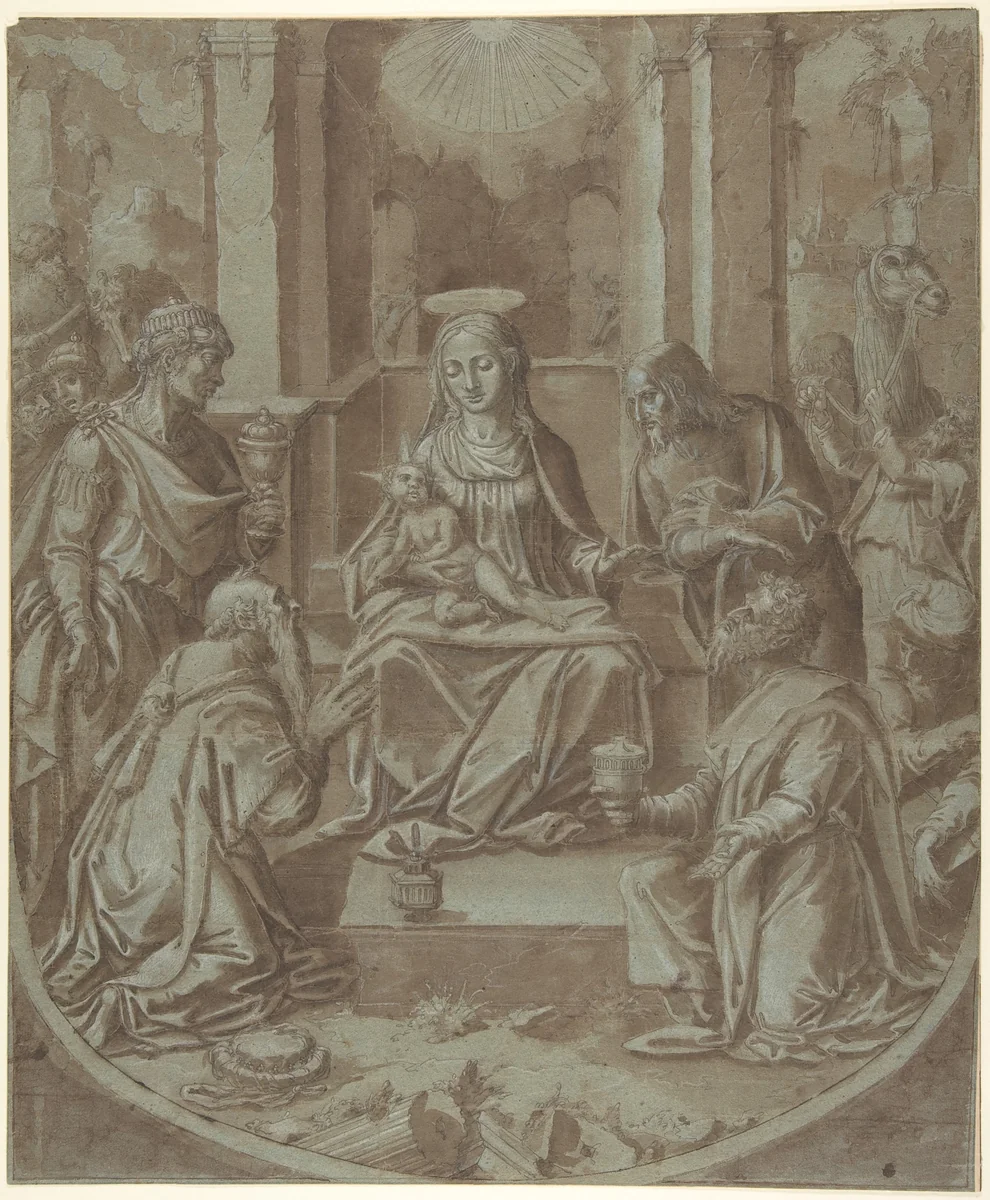 The Adoration of the Magi (Cartoon for an Embroidery) by Diego Lopez de Escuriaz, drawing, 1587-1589