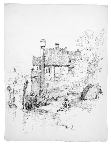 Sketch of House and Canal (Possibly in Venice) by Andrew Fisher Bunner, artwork, 1841-1897