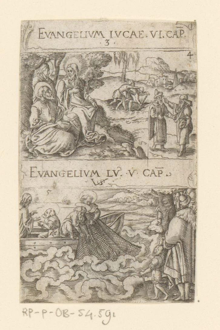 Blinden leiden de blinden en de wonderbare visvangst by Unknown, print, 1524-1562
