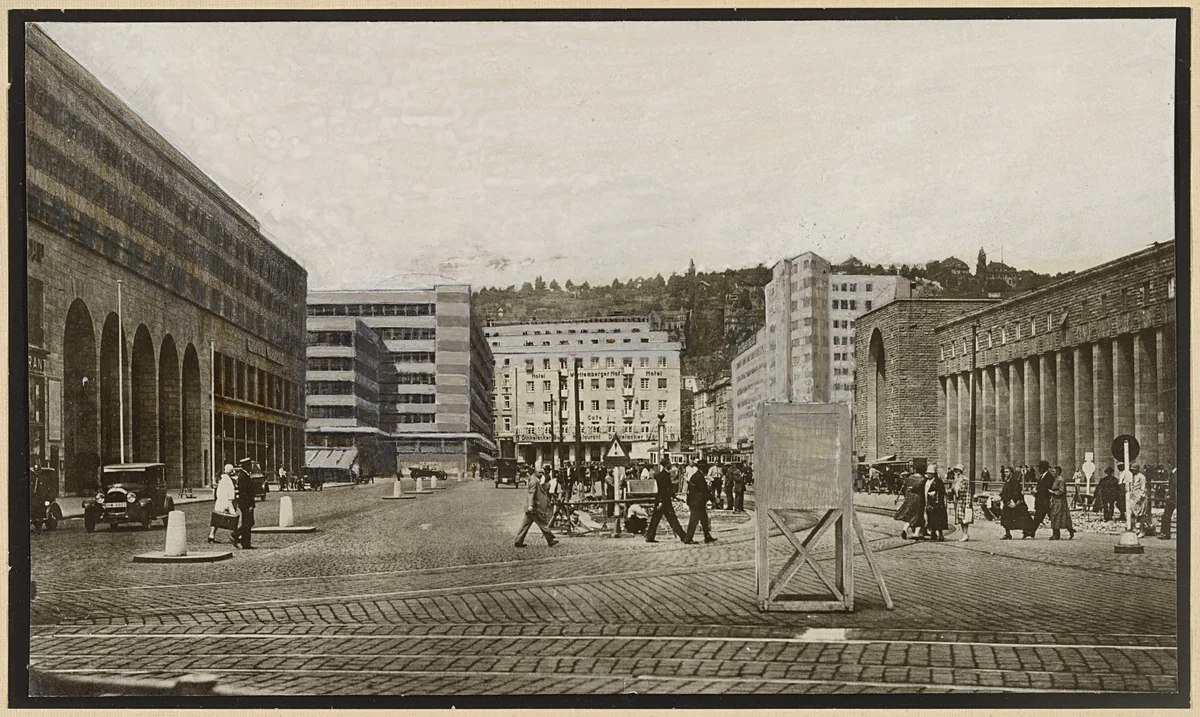 Bank and Office Building, project, Stuttgart, Germany, Perspective by G. Schleicher, Konstanty Gutschow, architecture, 1928