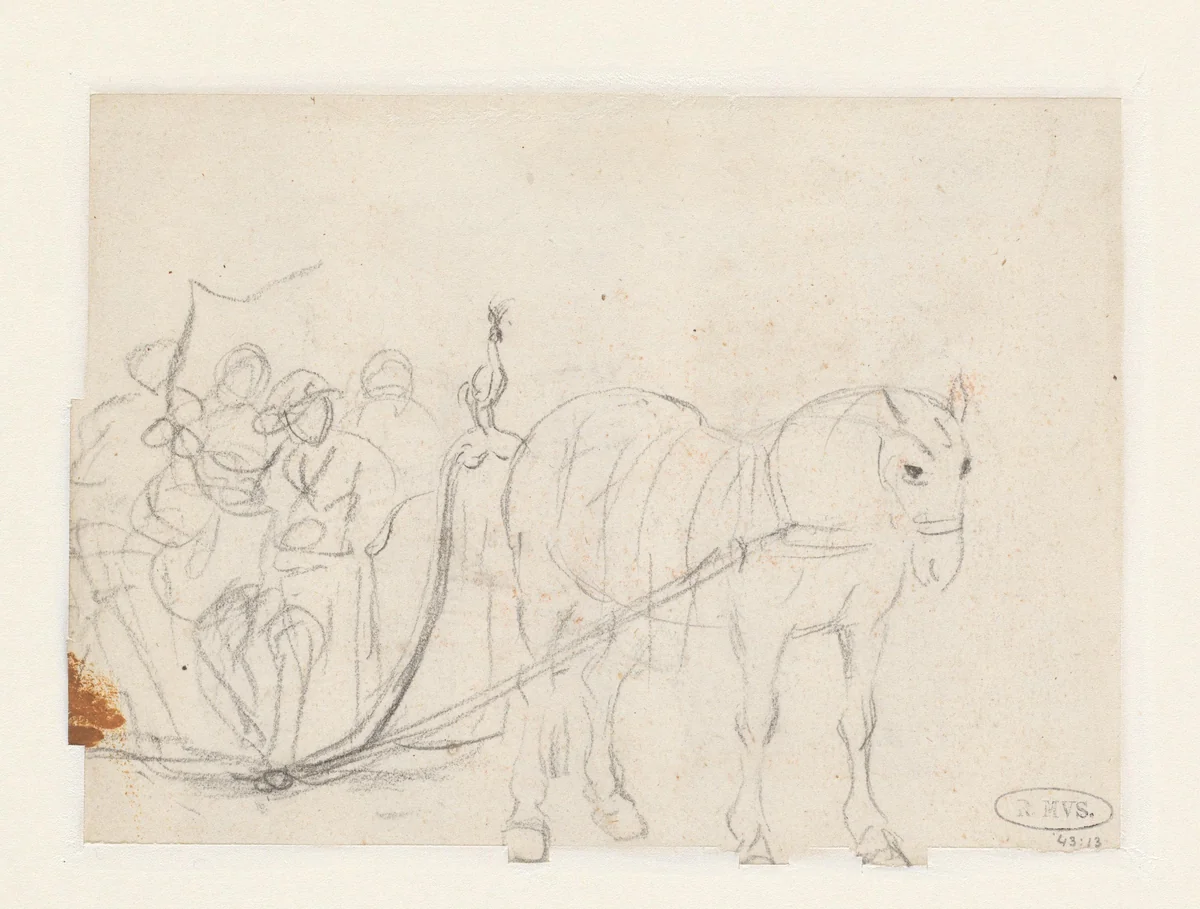 Schets van een paardenslee met vier figuren by Pieter van Bloemen, drawing, 1667-1720