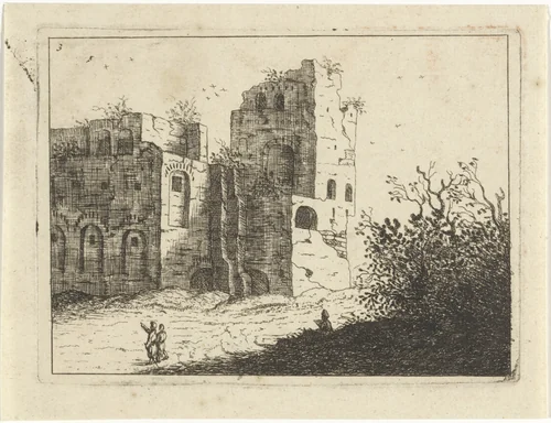 Kunstenaar schetst een ruïne by M. Schaep, print, 1648