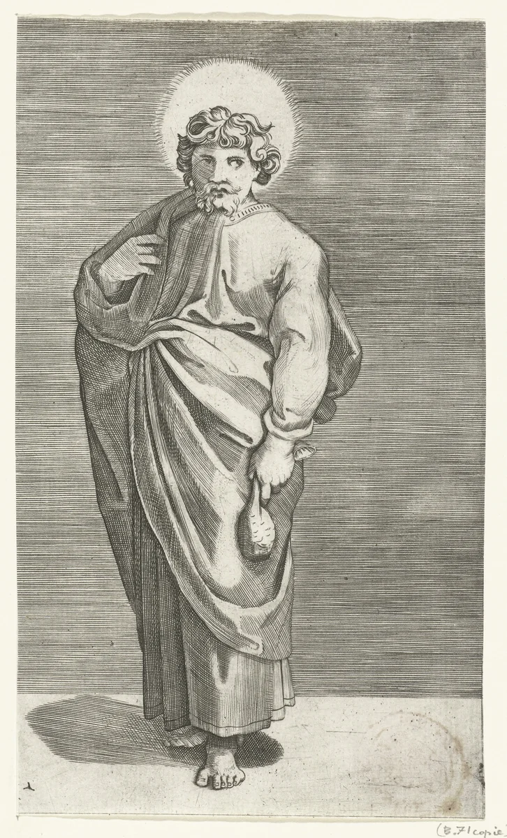 Apostel Matteüs met beurs by Marco Dente, print, 1517-1527