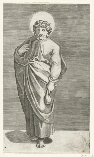 Apostel Matteüs met beurs by Marco Dente, print, 1517-1527
