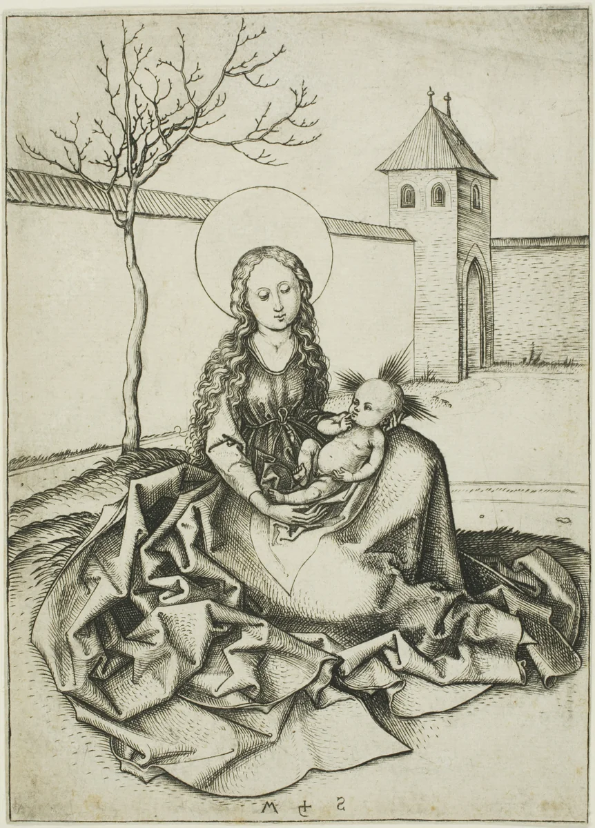 The Madonna and Child in the Courtyard by Martin Schongauer, print, 1450-1491