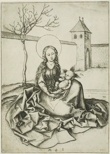 The Madonna and Child in the Courtyard by Martin Schongauer, print, 1450-1491