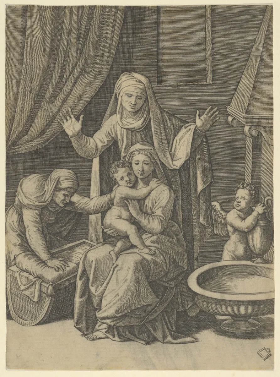 The Virgin holding the Christ Child, St Anne standing above with arms outstretched, St Elizabeth at the left by Marcantonio Raimondi, print, 1500-1534