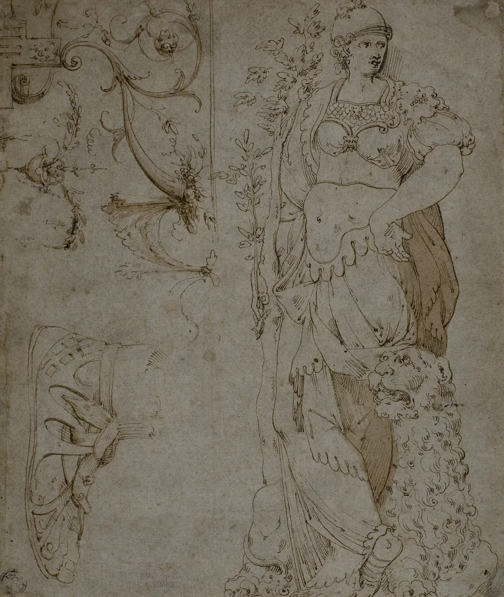 Three Sketches: Fortitude, a Sandal, and Grotesques (recto); Sketches of Grotesques, and Roman Cuirass (verso) by Unknown, drawing, 1560-1569