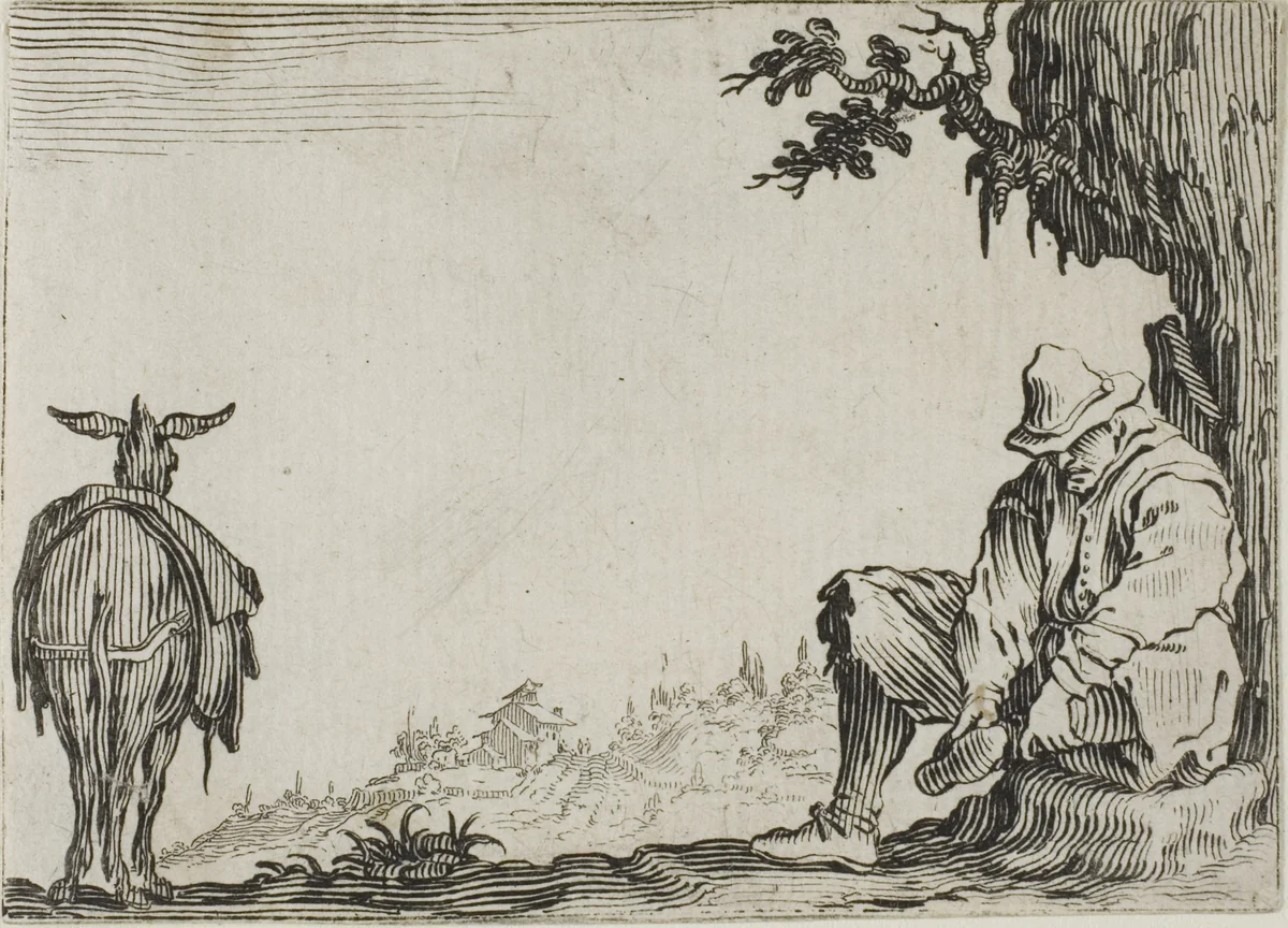 The Peasant Removing his Shoes, from The Caprices by Jacques Callot, print, 1617-1627