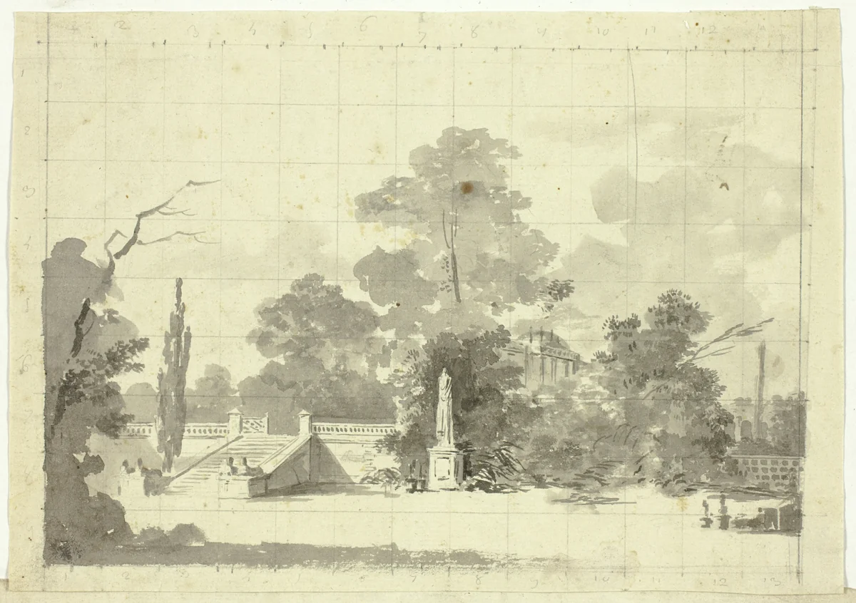 View of the Park at Versailles: Stairway with Two Pairs of Sphinxes by Pierre Antoine Mongin, drawing, 1781-1827