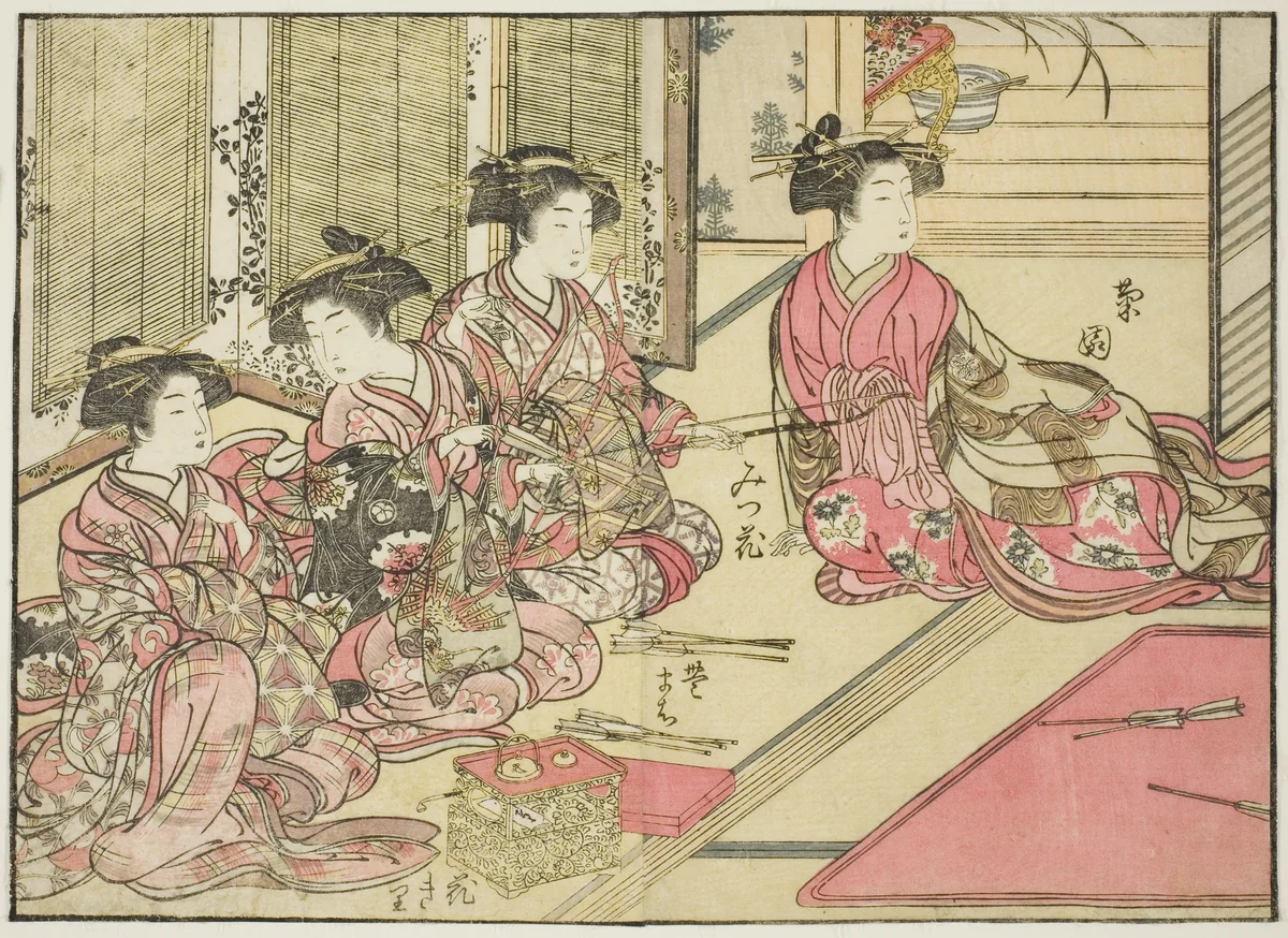 Courtesans of Kiriya, from the book "Mirror of Beautiful Women of the Pleasure Quarters (Seiro bijin awase sugata kagami)," vol. 2 by Katsukawa Shunsho (勝川 春章), print, 1776