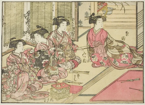 Courtesans of Kiriya, from the book "Mirror of Beautiful Women of the Pleasure Quarters (Seiro bijin awase sugata kagami)," vol. 2 by Katsukawa Shunsho (勝川 春章), print, 1776
