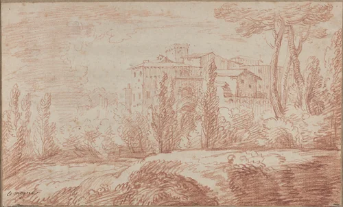 An Italian Walled Town Seen through Trees by François Le Moyne, drawing, 1724