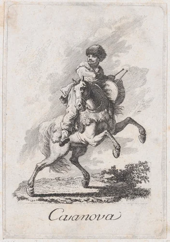 Three views of the head of a man with a mustache wearing a turban by Francesco Casanova, print, 1727-1800