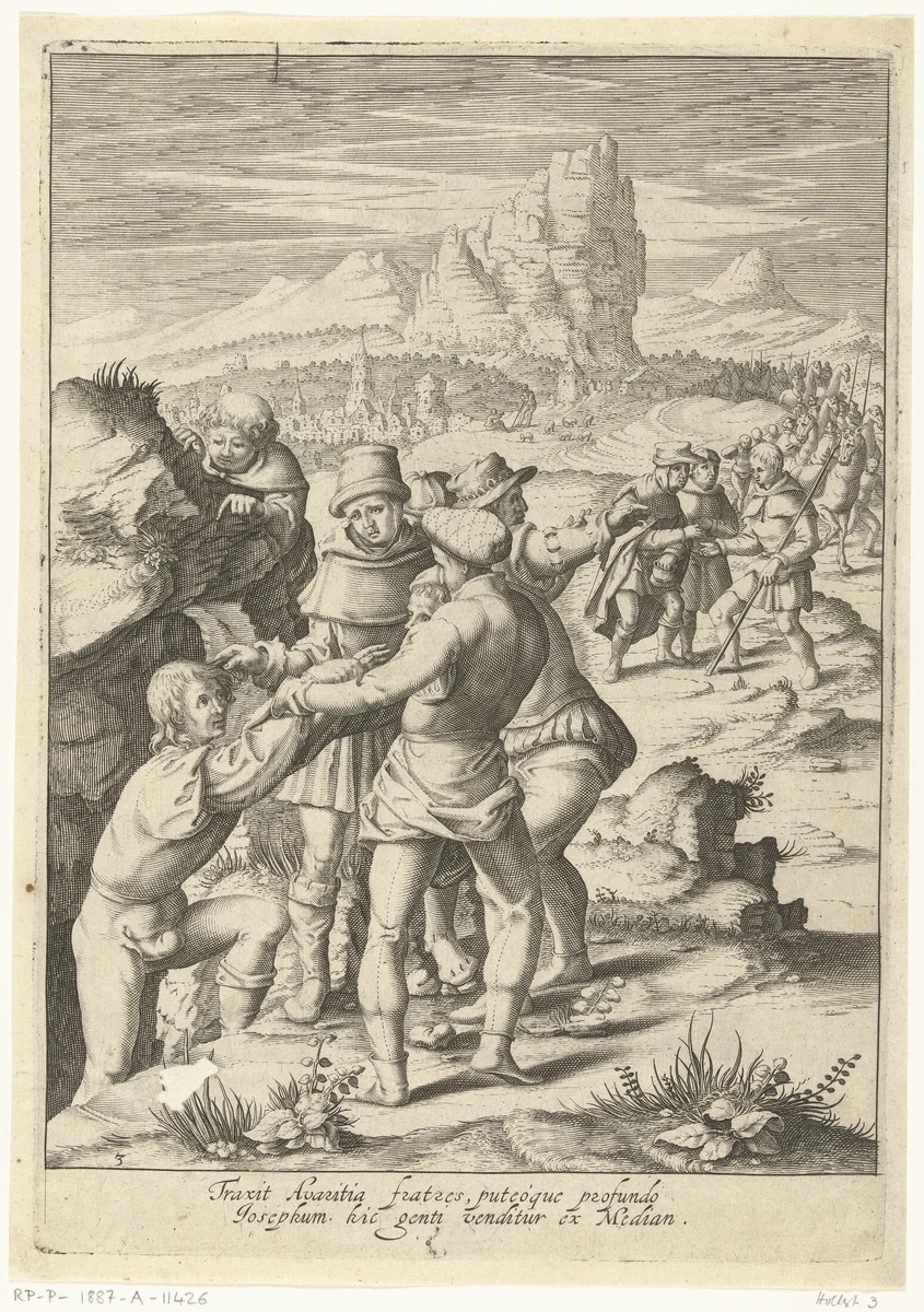 Jozef wordt verkocht aan passerende kooplieden by Robert de Baudous, print, 1591-1659