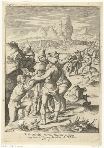 Jozef wordt verkocht aan passerende kooplieden by Robert de Baudous, print, 1591-1659