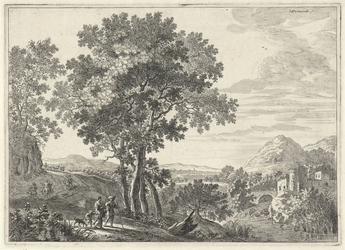 Boerengezin in rivierlandschap by anonymous, print, 1623-1705