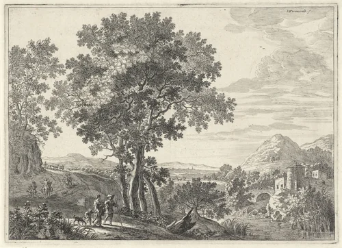 Boerengezin in rivierlandschap by anonymous, print, 1623-1705