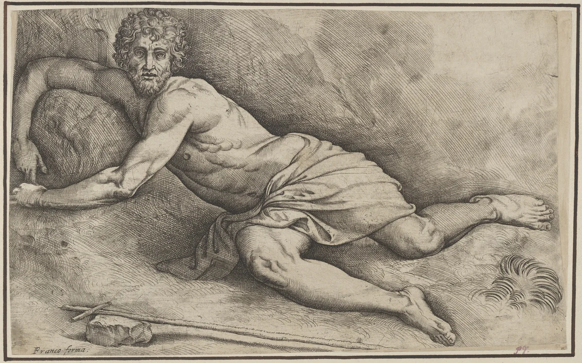 John the Baptist, lying on the ground naked except for a cloth covering his thighs, with his right arm curled around a rock, a reed cross lies on a rock in the foreground by Battista Franco, print, 1510-1561