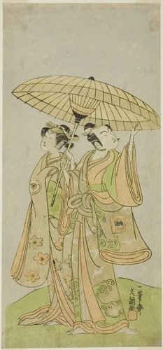 The Actors Ichikawa Komazo II as Chunagon Yukihira (right), and Iwai Hanshiro IV as Murasame (left), in the Play Kuni no Hana Ono no Itsumoji, Performed at the Nakamura Theater in the Eleventh Month, 1771 by Ippitsusai Buncho, print, 1766-1776