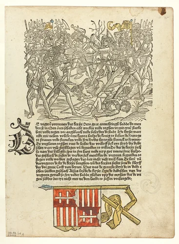 The Battle of Lechfeld (recto) and Duke Wolpy of Bavaria and His Wife, Atheyt (verso) from Sachsen-Chronik (Saxon Chronicle), Plate 34 from Woodcuts from Books of the 15th Century by Unknown Artist, print, 1492