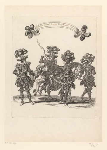 Voetknechten en palfrenier met paard in fantasiekostuum, aangeduid als 'Indiens' by François Chauveau, print, 1670
