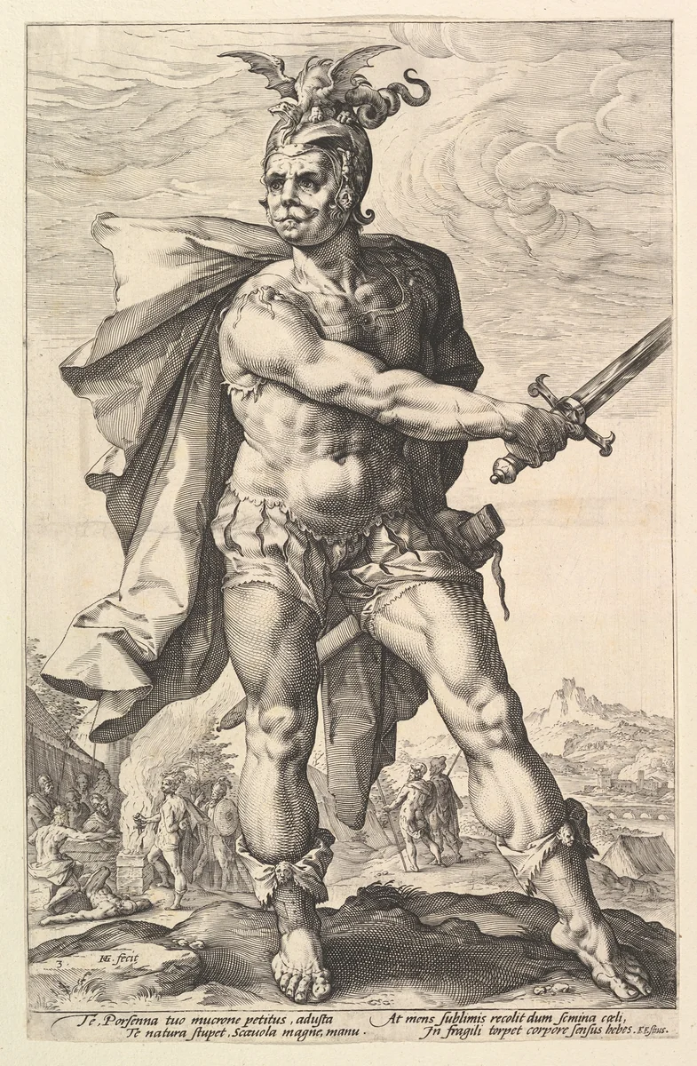 Mucius Scaevola, from "The Roman Heroes" by Hendrick Goltzius, print, 1586