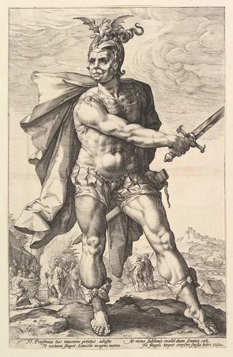 Mucius Scaevola, from "The Roman Heroes" by Hendrick Goltzius, print, 1586