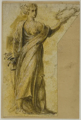Standing Woman with Laurel Wreath by Biagio Pupini, drawing, 1600-1699