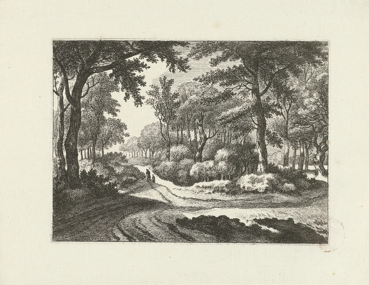 Boslandschap met twee wandelaars by Johannes Gronsveld, print, 1679-1728