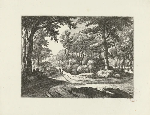 Boslandschap met twee wandelaars by Johannes Gronsveld, print, 1679-1728
