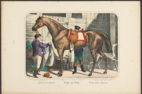 Paard wordt afgezadeld by anonymous, print, 1869
