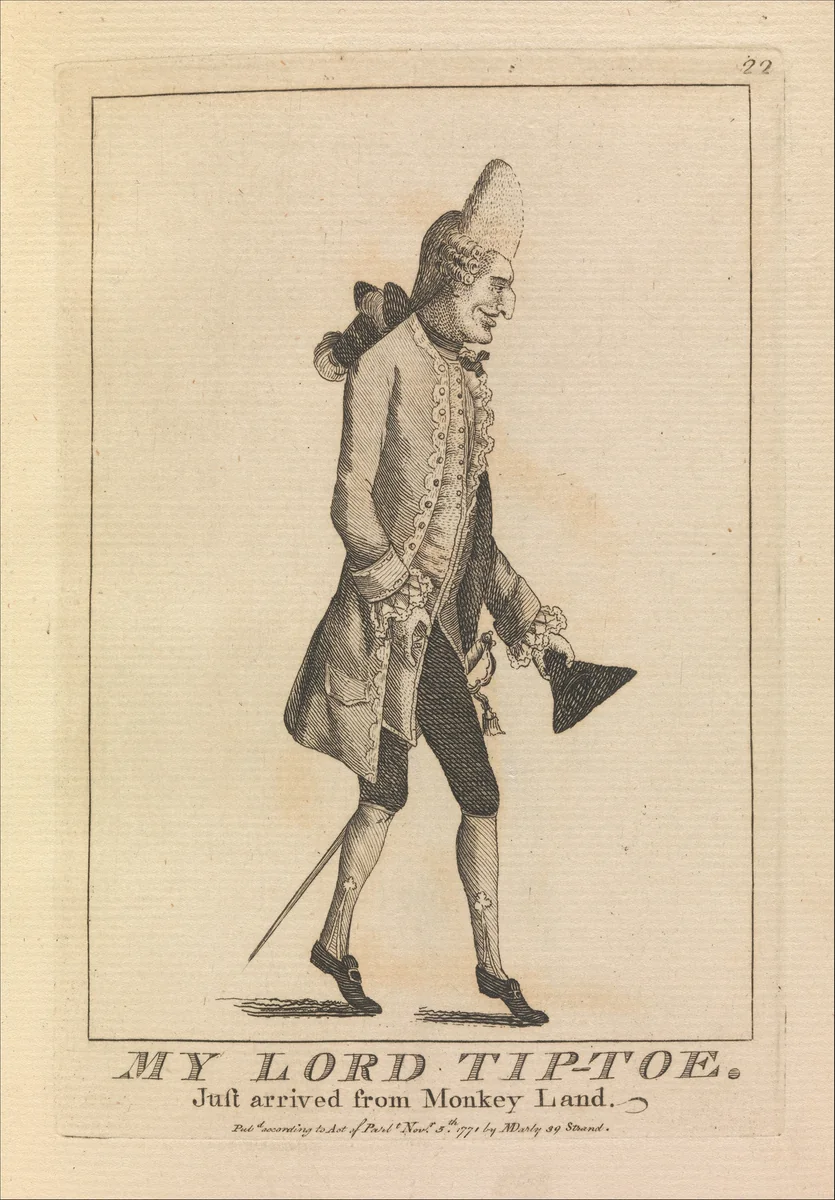 My Lord Tip-Toe Just Arrived from Monkey Land by Matthias Darly, print, 1771