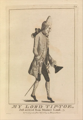 My Lord Tip-Toe Just Arrived from Monkey Land by Matthias Darly, print, 1771