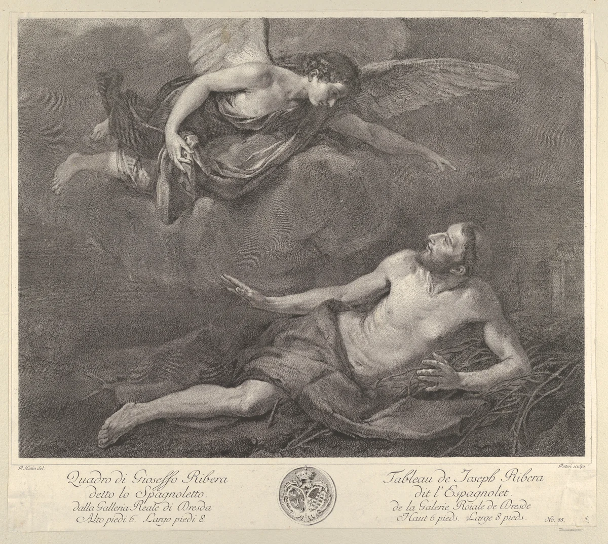 Saint Francis visited by the Angel, from 'Recueil d'estampes d'après les plus célèbres tableaux de la Galerie Royale de Dresde' by Marco Alvise Pitteri, print, 1730-1786