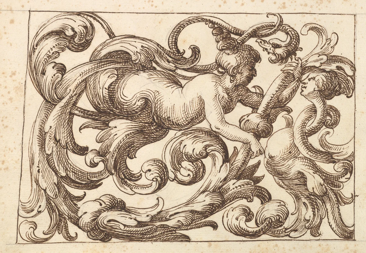 Horizontal Panel Design with a Man, a Snake and a Female Fantastical Creatures Interspersed between Acanthus Rinceaux by anonymous, drawing, 1600-1650